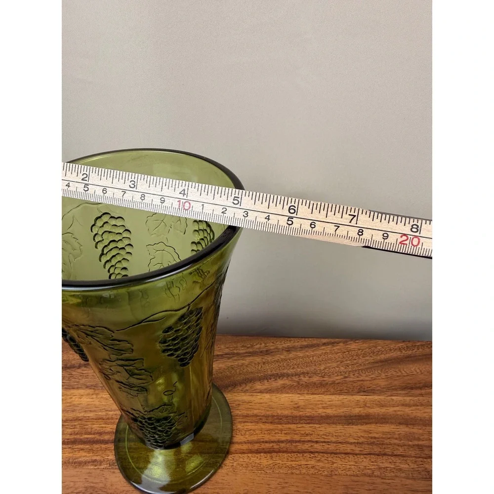 Vintage Avocado Green Indiana Glass Grape Harvest Footed Vase Mid Century 8.25in